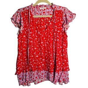 Parker SzM lightweight silk blend Red and purple Layered Sleveless blouse Drawst